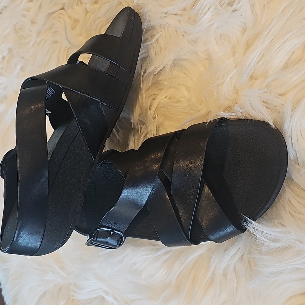 Fitflop Black Leather Crisscross Slide Sandals - Picture 2 of 5